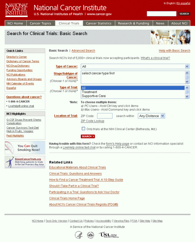 Screen image of page with search form from cancer.gov