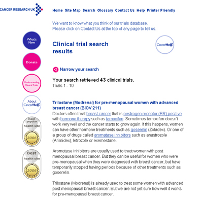Screen image from CancerHelp UK showing one item in a search results list 