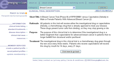 Screen showing a short description of a clinical trial from Emerging Med.